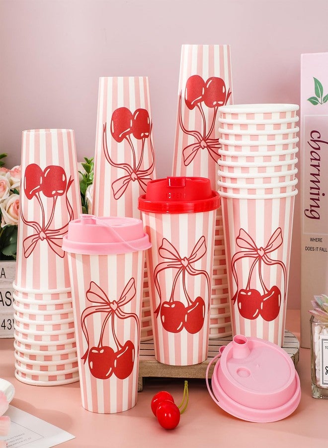 JarThenaAMCS 50 Set Coquette Cherry Disposable Coffee Cups with Lids 16oz Pink Bow Cherry Paper Drinking Cup Striped Paper Cup for Birthday Wedding Baby Shower Bachelorette Party Supplies - Image 4